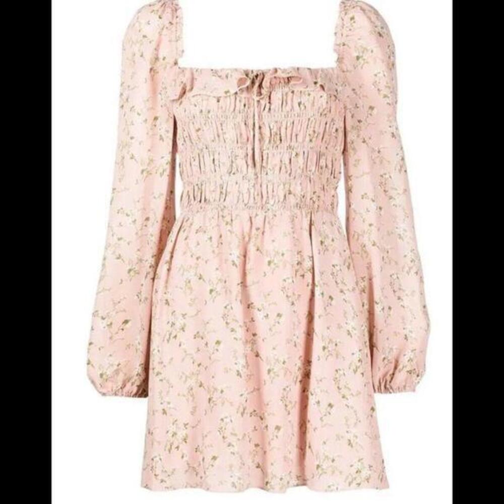 Reformation Dress Morris Smocked Melody Print Pink Floral Long Sleeve Mini Sz 14